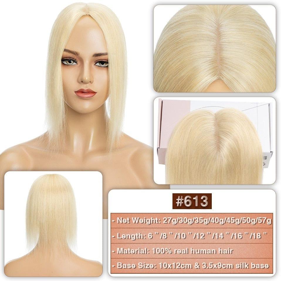 #613 Blonde Hair Topper displayed on a mannequin with close-up views and product details.