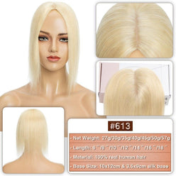 #613 Blonde Hair Topper displayed on a mannequin with close-up views and product details.