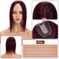 #99J Wine red hair topper on a mannequin head with close-up details and product information.