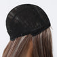 Adjustable wig cap on inside of long brown synthetic wig