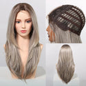 Ash Blonde Synthetc wig on a mannequin head with close-up views of the lace front and side view.