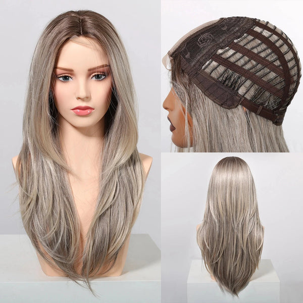 Ash Blonde Synthetc wig on a mannequin head with close-up views of the lace front and side view.
