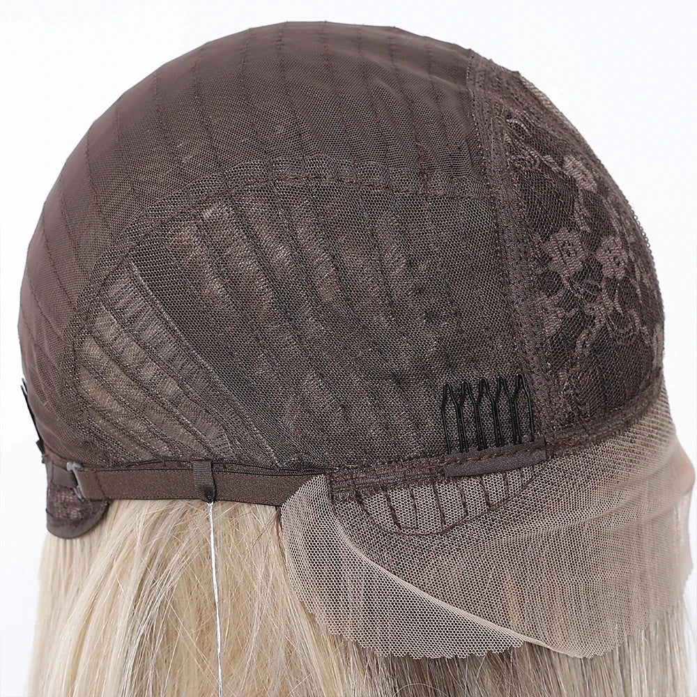 Back view of a wig with a brown mesh cap and white blonde hair wig