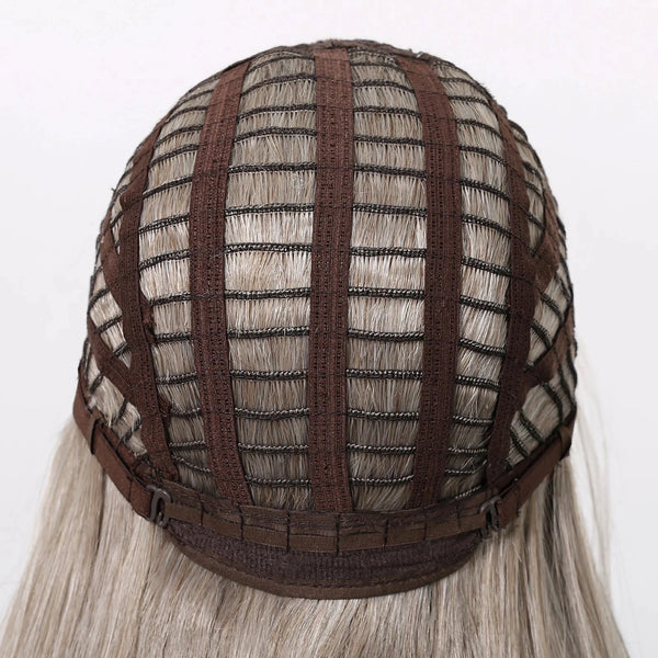 Back view of a wig with a brown netting and gray blonde hair strands on a white background