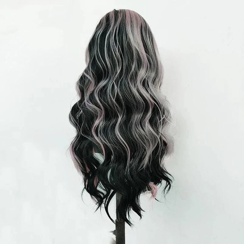 Back view of black and pink lace wig – layered synthetic hair with pink ends