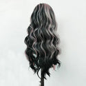 Back view of black and pink lace wig – layered synthetic hair with pink ends