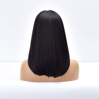 Back view of black wig – medium-length straight style