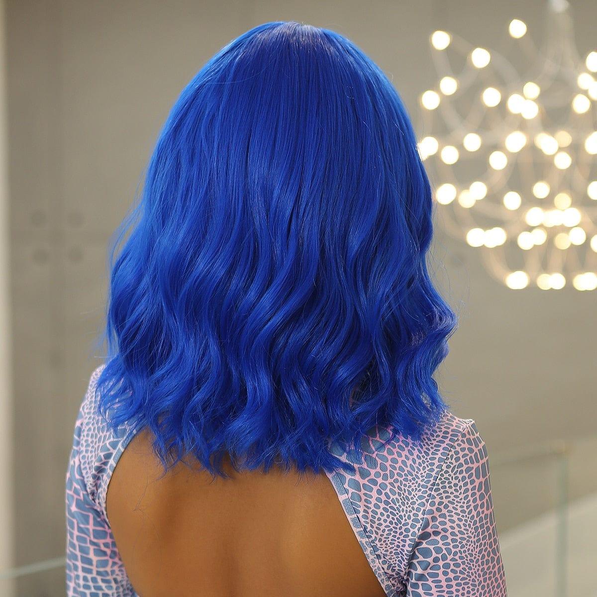 Back view of heat-resistant blue wig with natural movement