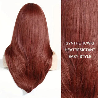  Back view of long red wig with realistic movement