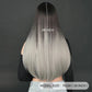 Back view of long black and silver festival wig