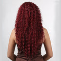 Back view of red curly wig showing full layered texture