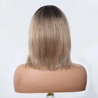 Back view of short blonde bob wig with natural gradient colour – straight synthetic wig with clean finish