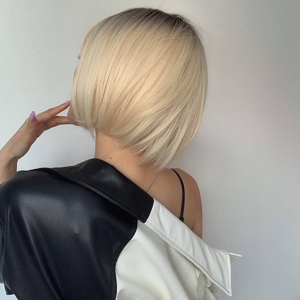 Back view of short bob wig in blonde color