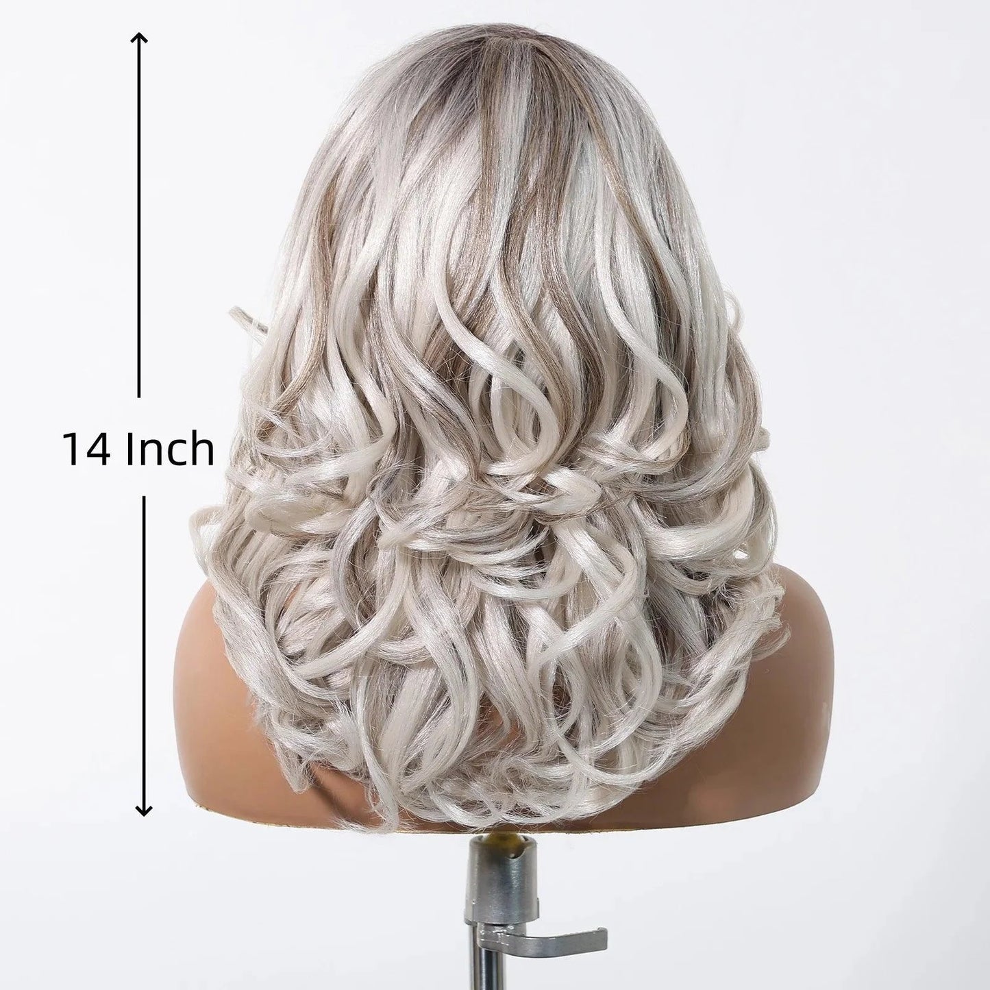 Back view of silver grey wig highlighting length and soft curls
