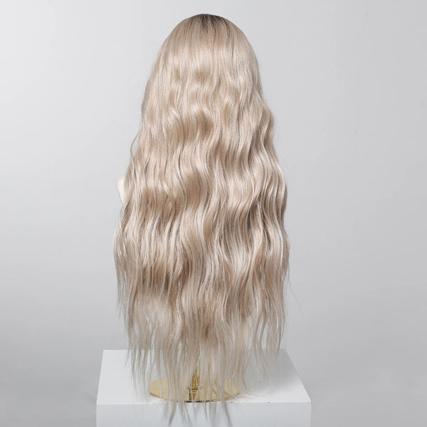 Back view of straight blonde hair wig – synthetic hair option