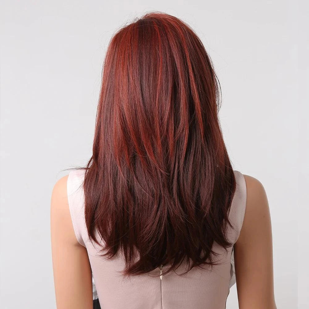 Back view of wigs red hair showcasing full volume and length