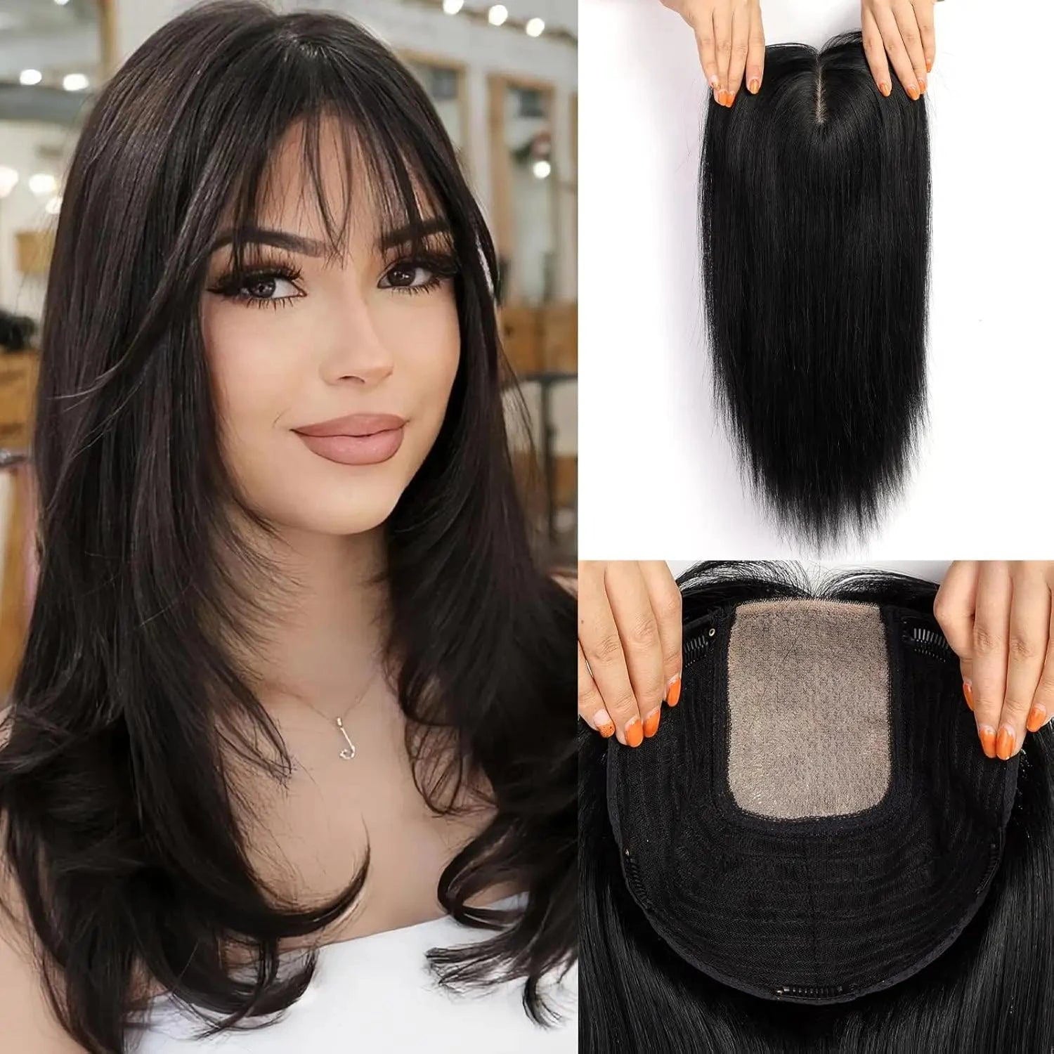 Black Clip-In Wiglet for Thinning Hair – Top View with Scalp Base