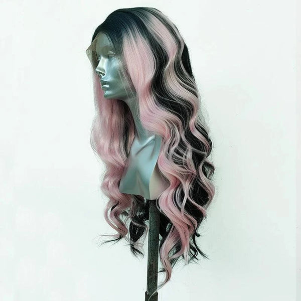 Black Wig with Pink Highlights
