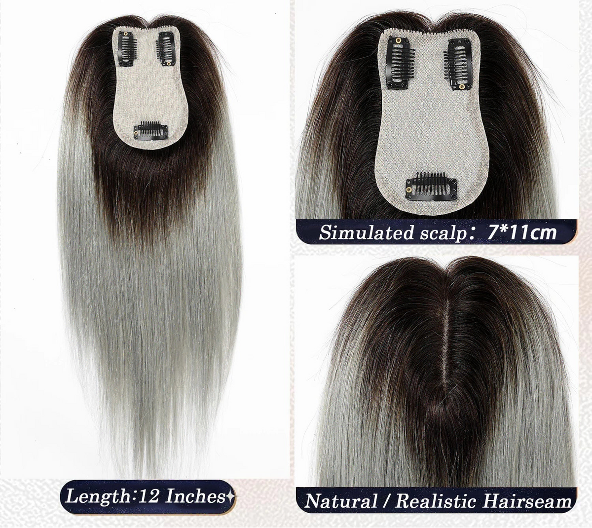 Black and Grey Hair Topper with 3 Clips