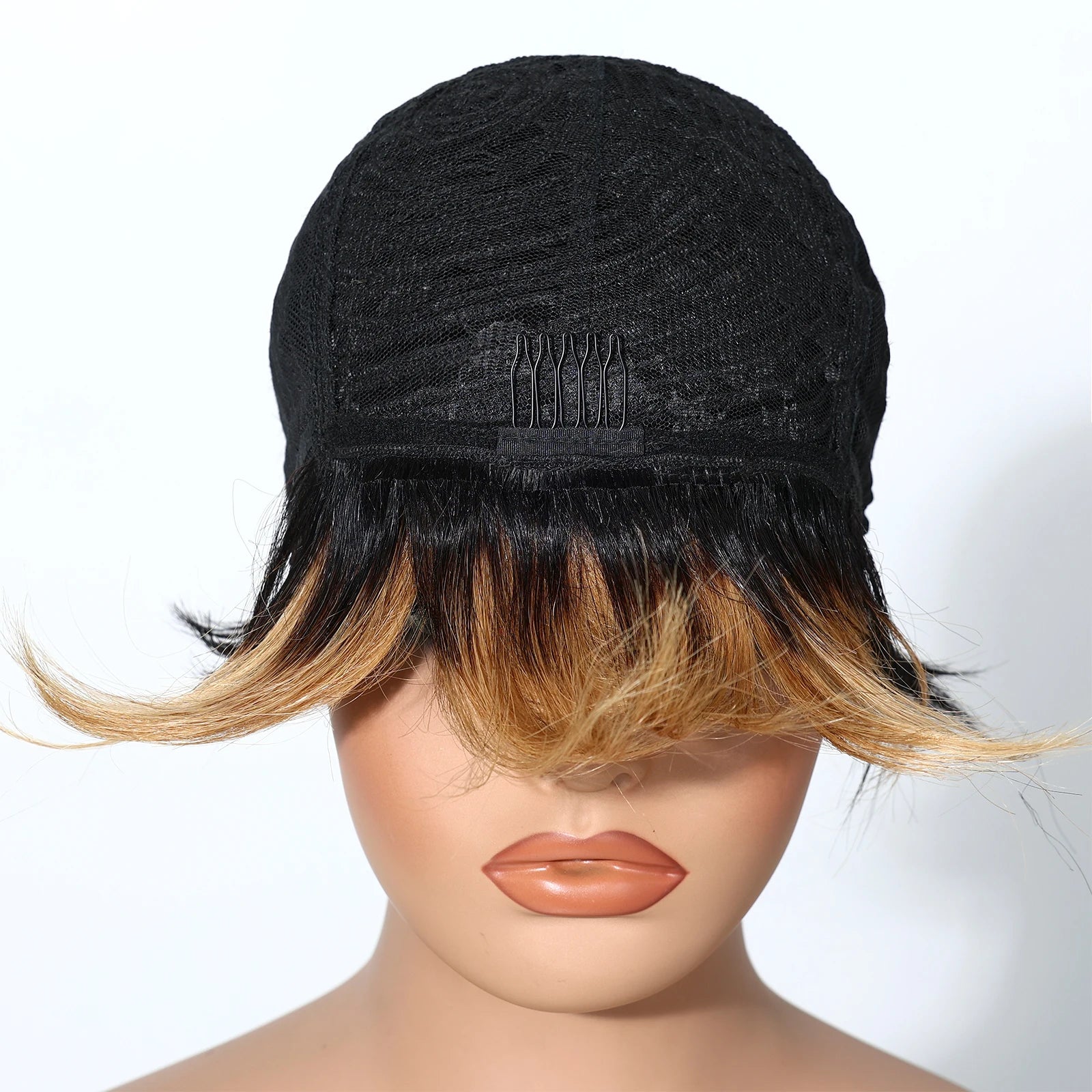 Black and brown ombre wig on a mannequin head with a white background