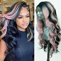 Black and pink lace front wig on model – long ombré synthetic wig