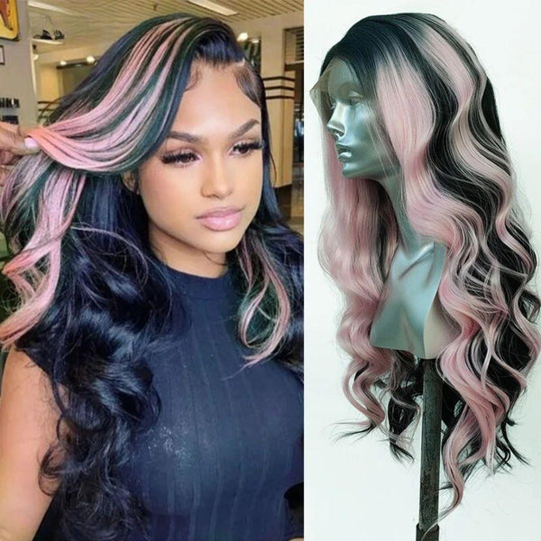 Black and pink lace front wig on model – long ombré synthetic wig
