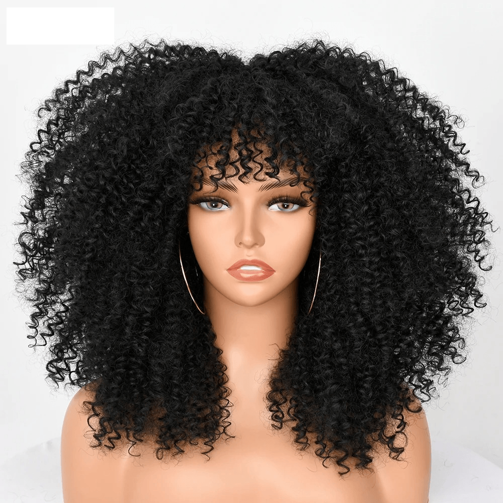 Black curly hair wig with voluminous ringlets on mannequin