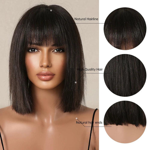Black human hair wig with natural straight texture on mannequin