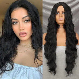 Black synthetic wig with natural hairline and wavy texture