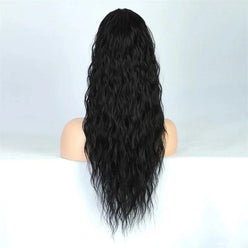 Black wavy hair ponytail extension on a mannequin head against a white background