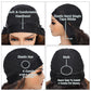 Black wig cap with labeled features on a white background