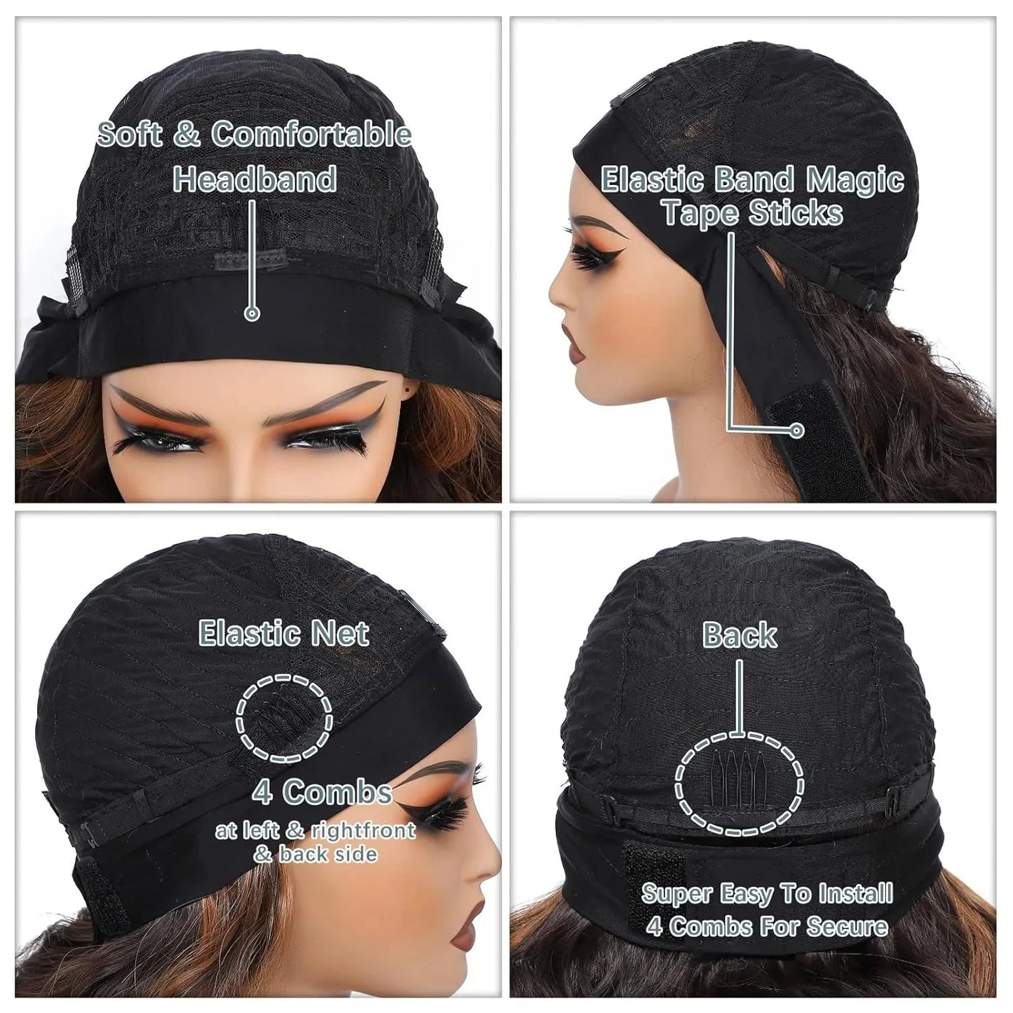 Black wig cap with labeled features on a white background