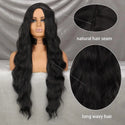 Black wig styled straight with centre part