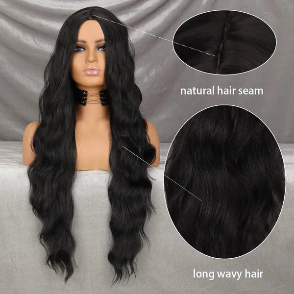 Black wig styled straight with centre part