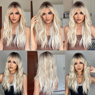 Bleach blonde synthetic wig with full fringe and natural volume