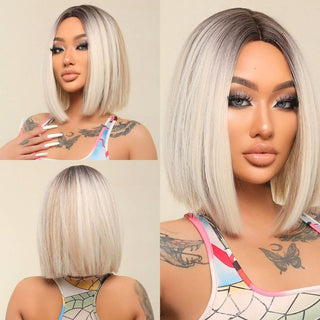 Blonde Bob Wig in a collage format on a plain background