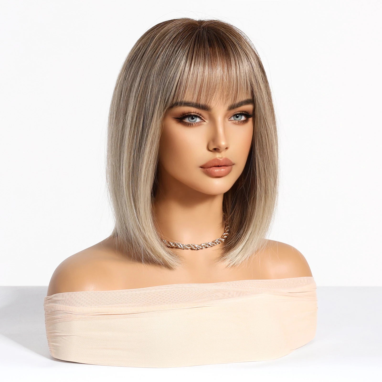 Blonde Bob Wig with Fringe Side View