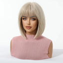 Blonde Wig with Bangs on a mannequin with plain background