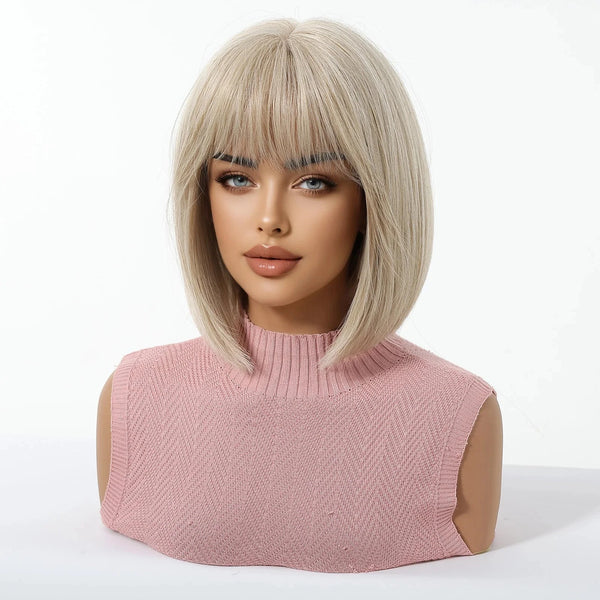 Blonde Wig with Bangs on a mannequin with plain background