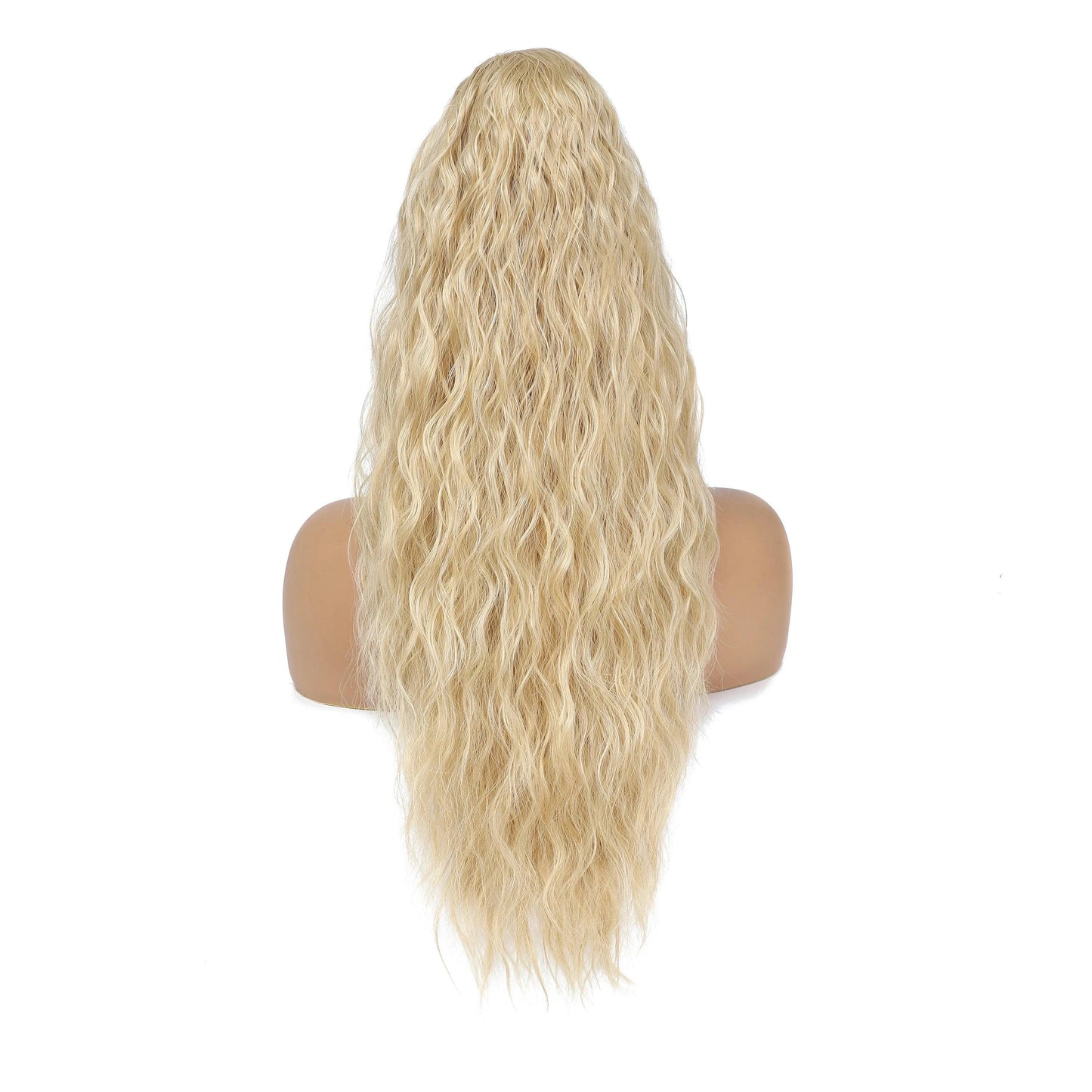 Blonde curly ponytail extension on a mannequin head against a white background