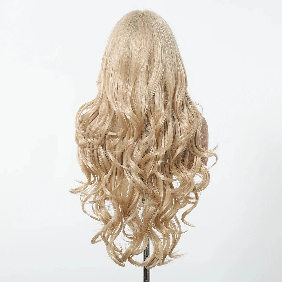 Blonde wig on a mannequin head against a white background