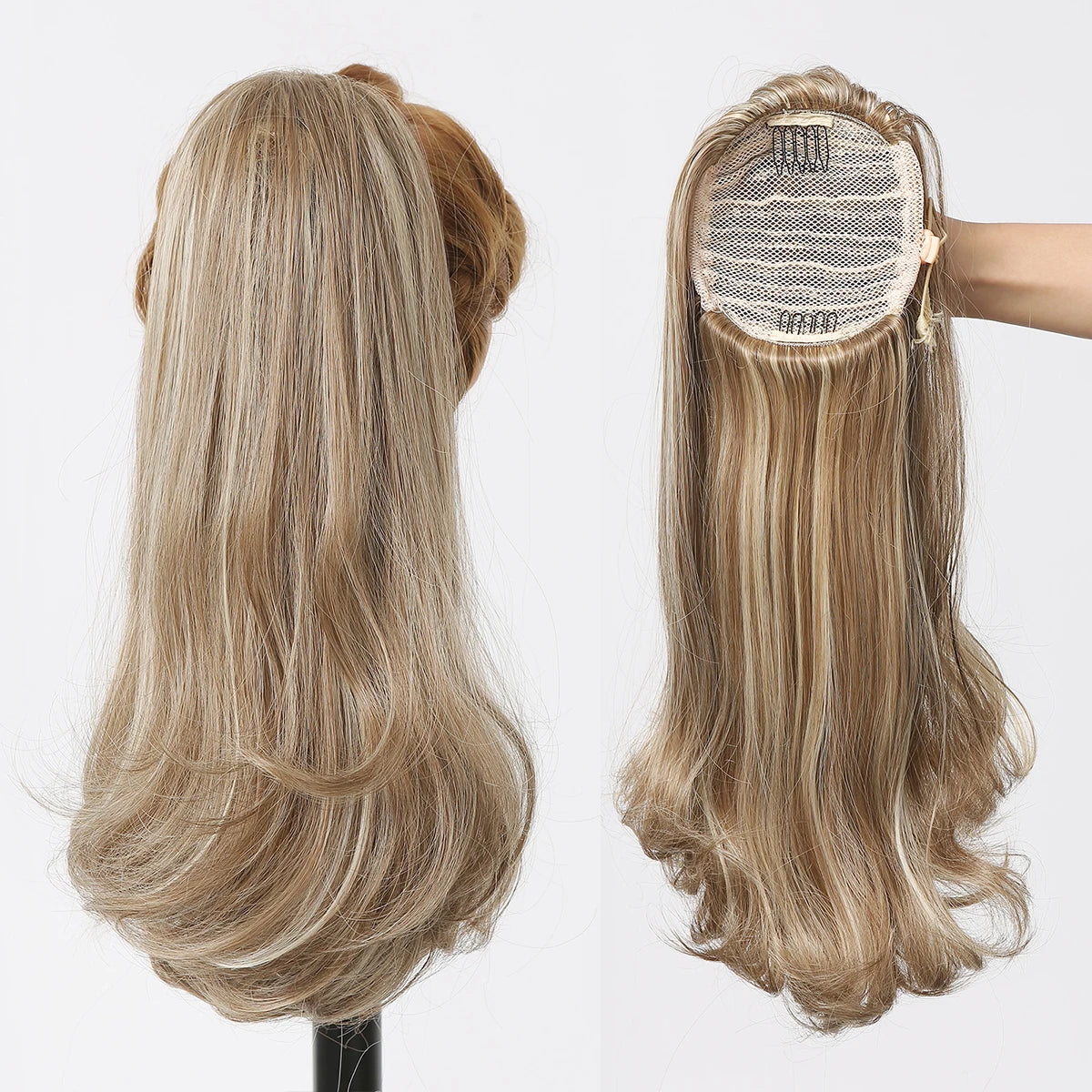 Blonde hair extension displayed on a mannequin head with a white background