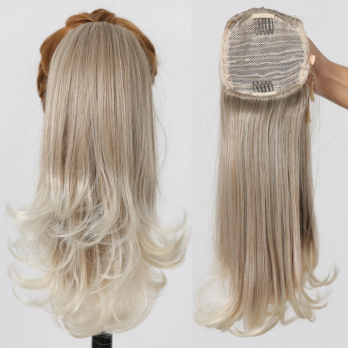 Blonde hair extension on a mannequin head with a close-up of the base.