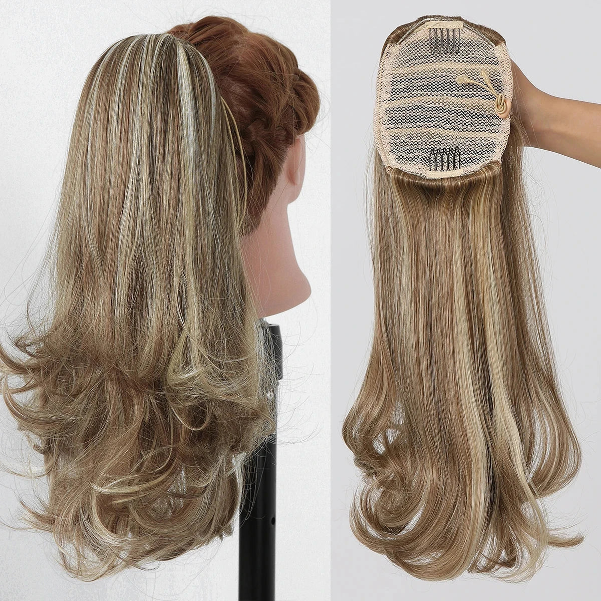 Blonde hair extension on a mannequin head with close-up of the product.
