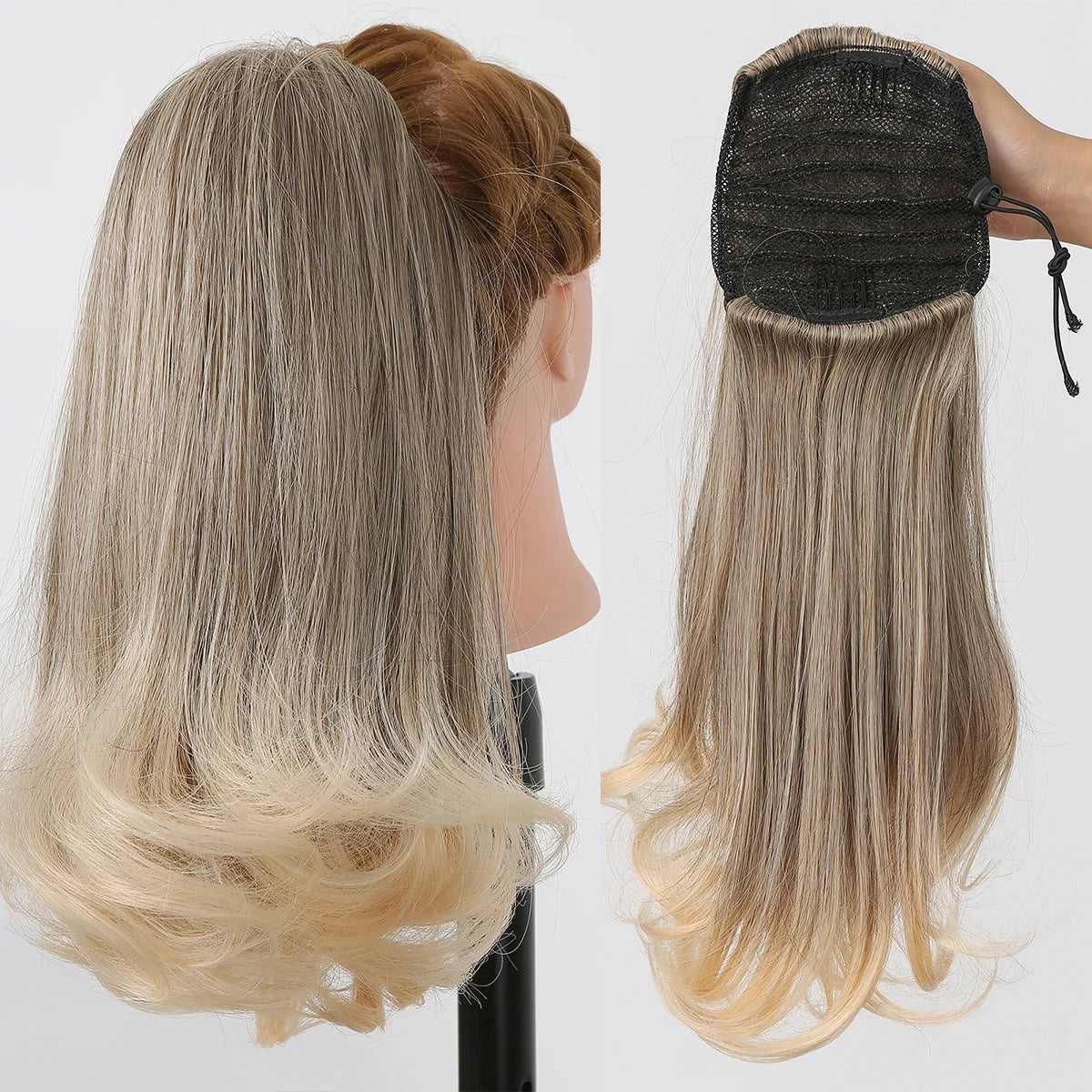 Blonde hair extension on a mannequin head with packaging