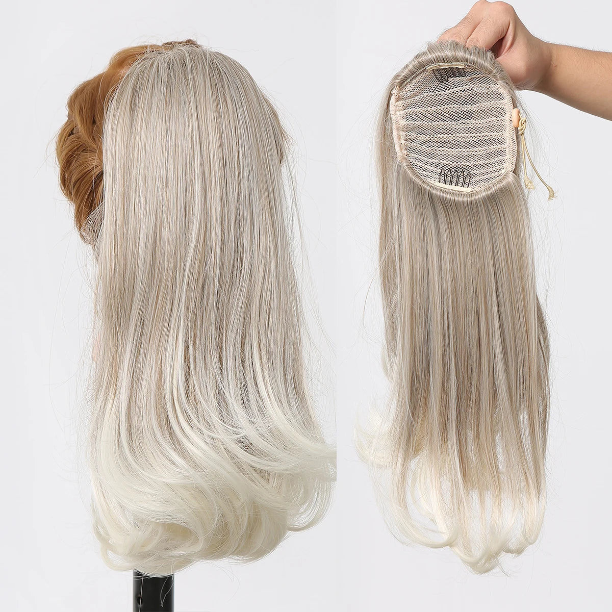 Blonde hair extension on a mannequin head with packaging held by a hand.