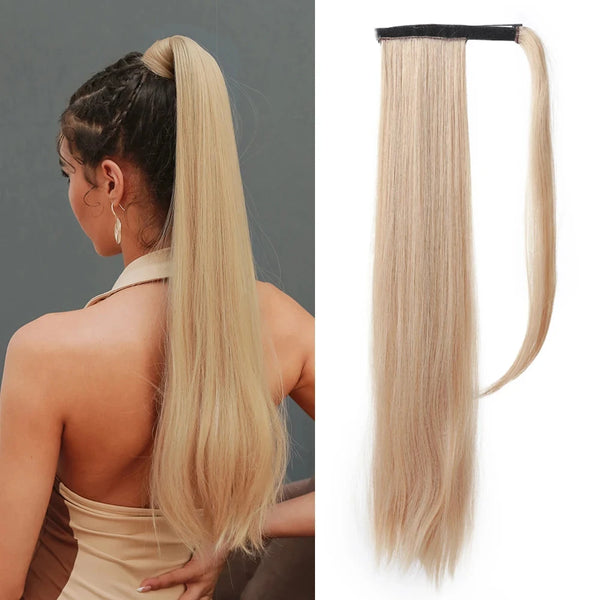 Blonde hair extension on a white background next to a woman with blonde ponytail.