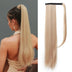 Blonde hair extension on a white background next to a woman with blonde ponytail.