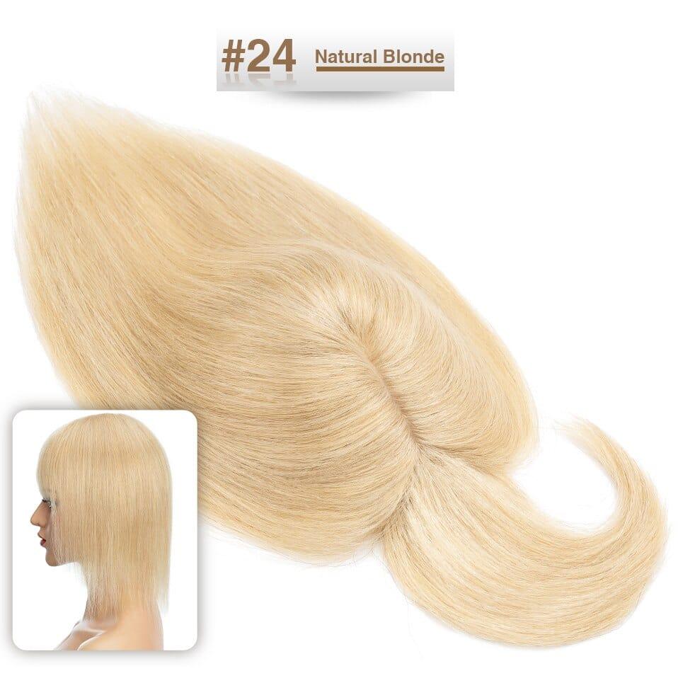 Blonde hair extension with a close-up inset showing a person wearing it, on a white background.