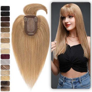Blonde hair extension with color swatches and a model wearing it.